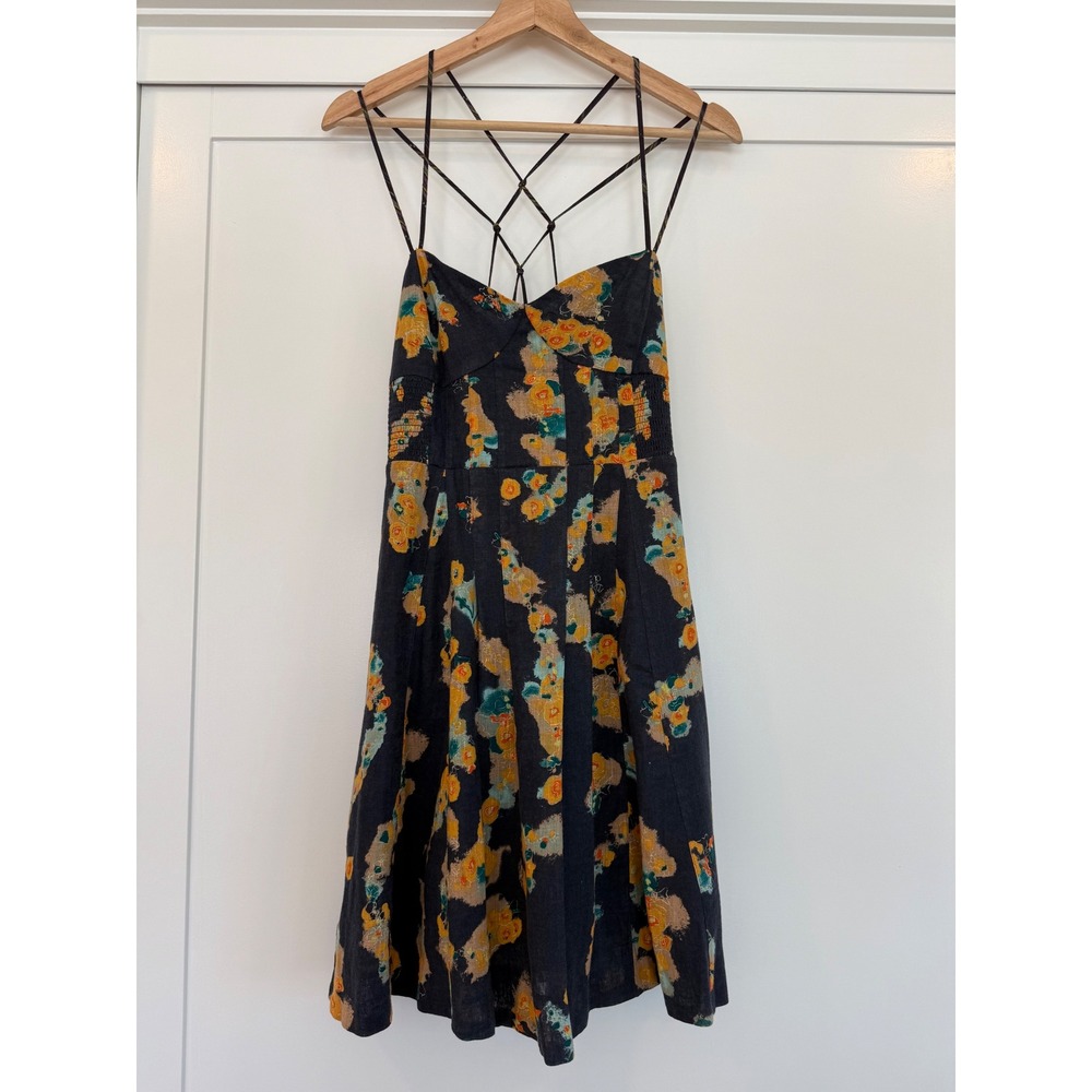 Free People Y2K Linen Floral Strappy Open Back Mini Dress Small Boho Cottagecore